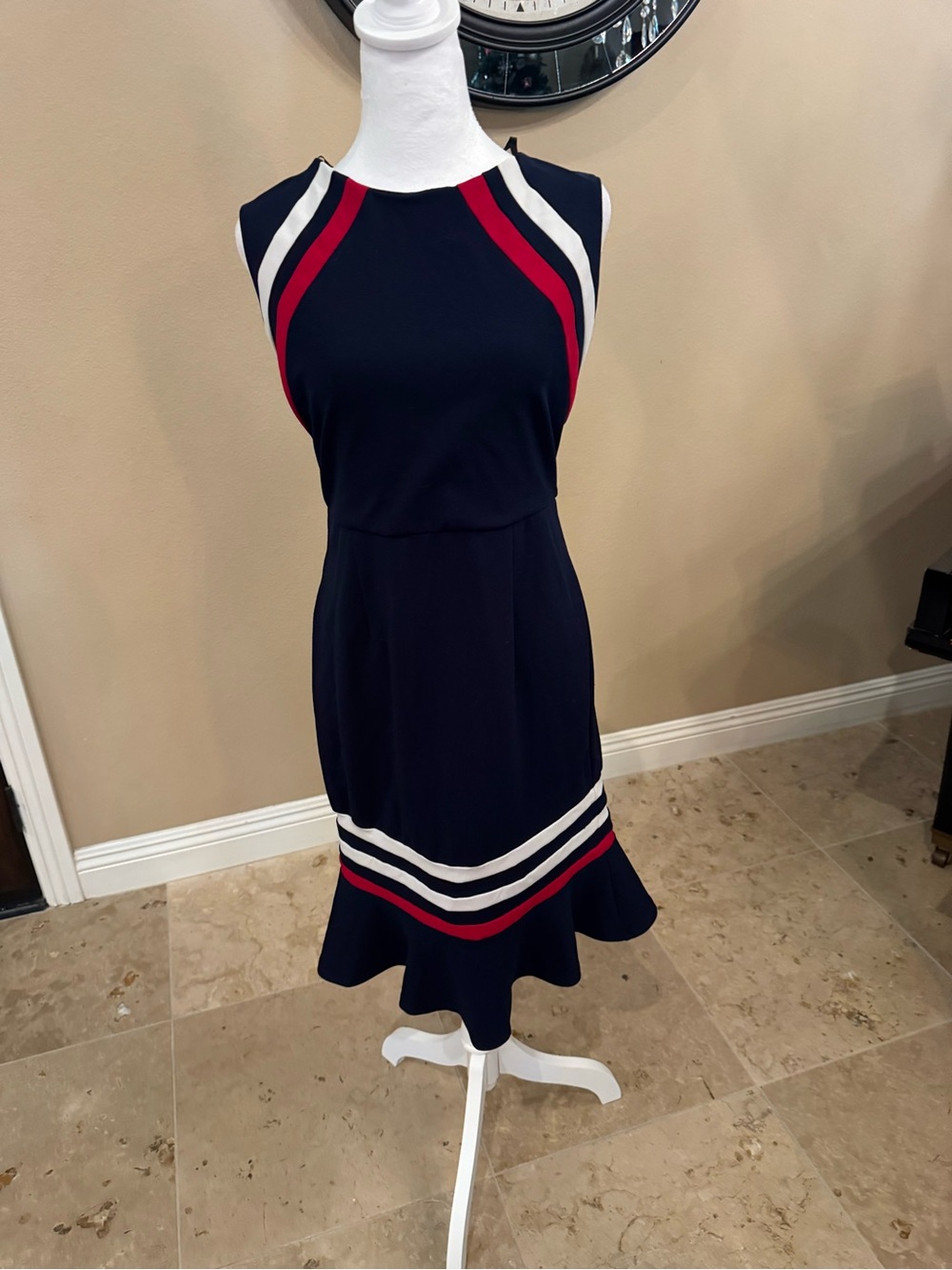 Enfocus Studio Navy Midi Dress with Red and White Stripes
